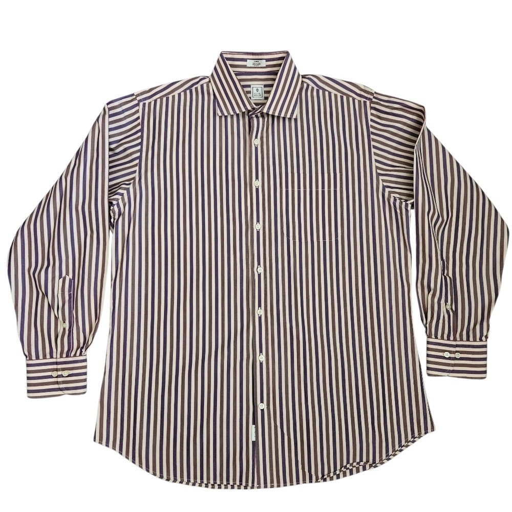 Peter Millar Men's Cotton Striped Cream/Brown/Purple Button Down Sz Large